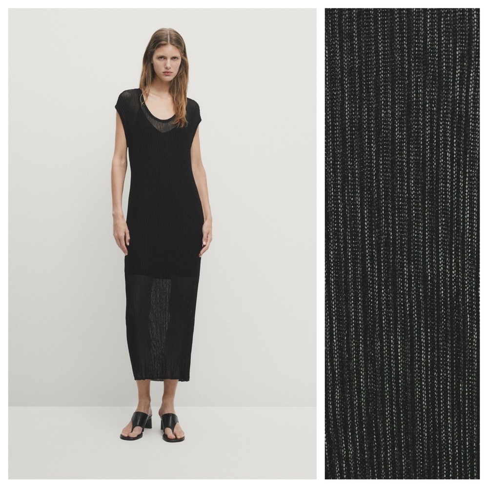 NWT. Massimo Dutti Black Viscose Blend Open Knit Midi Dress. Size M.